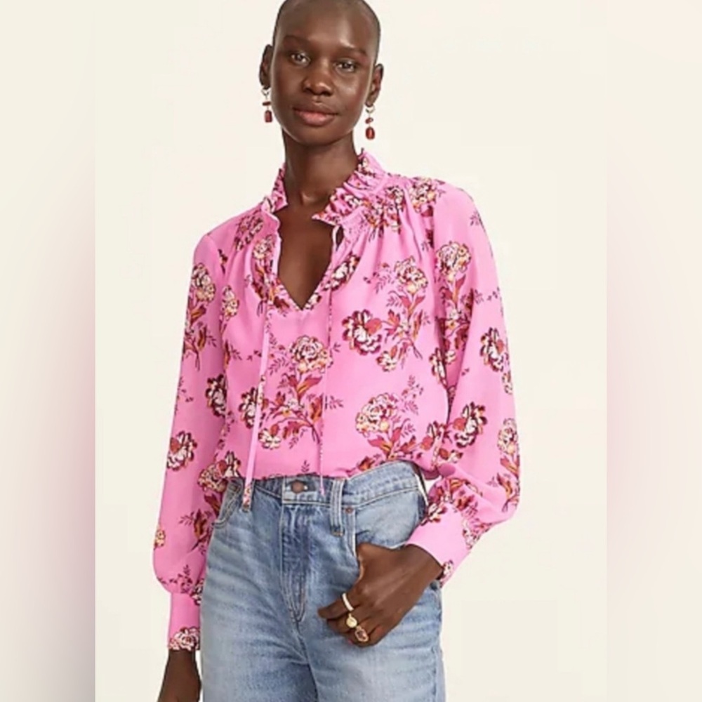 J Crew pink floral sheer drapey tie neck ruffle blouse top S
